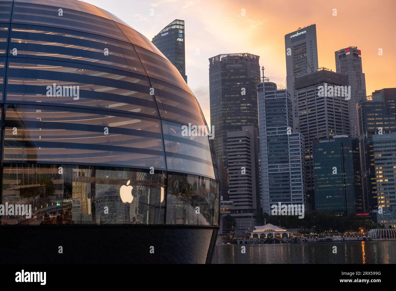 Singapore - 20 ottobre 2022: Apple Marina Bay Sands con cielo al tramonto. Il primo Apple Store galleggiante al mondo, progettato da Foster + Partners. Foto Stock