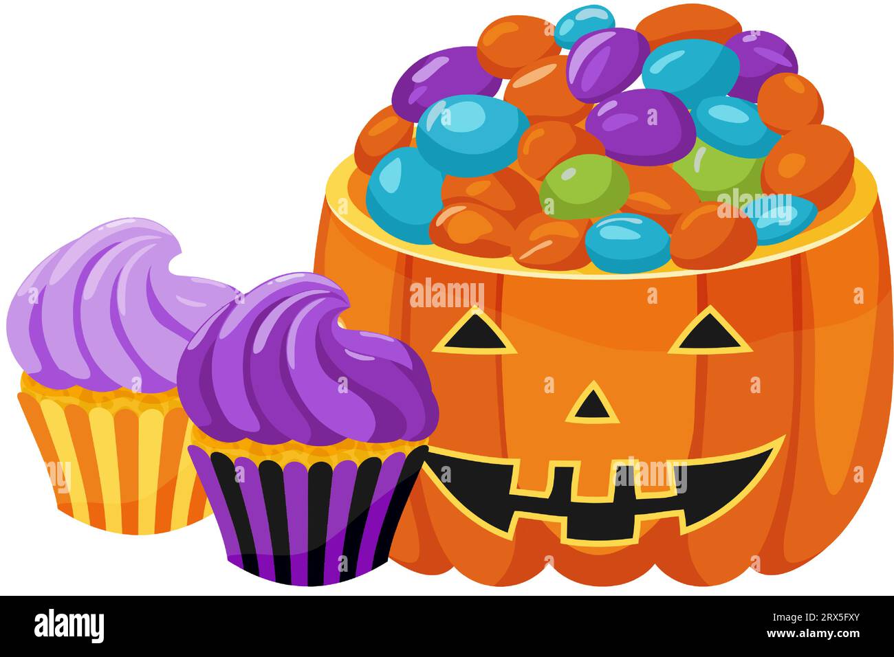 Dolce tradizionale di Halloween. Ciotola di zucca arancione con caramelle e cupcake viola. Il dolce ricompensa il trucco o il dolcetto durante la festa di Halloween Illustrazione Vettoriale