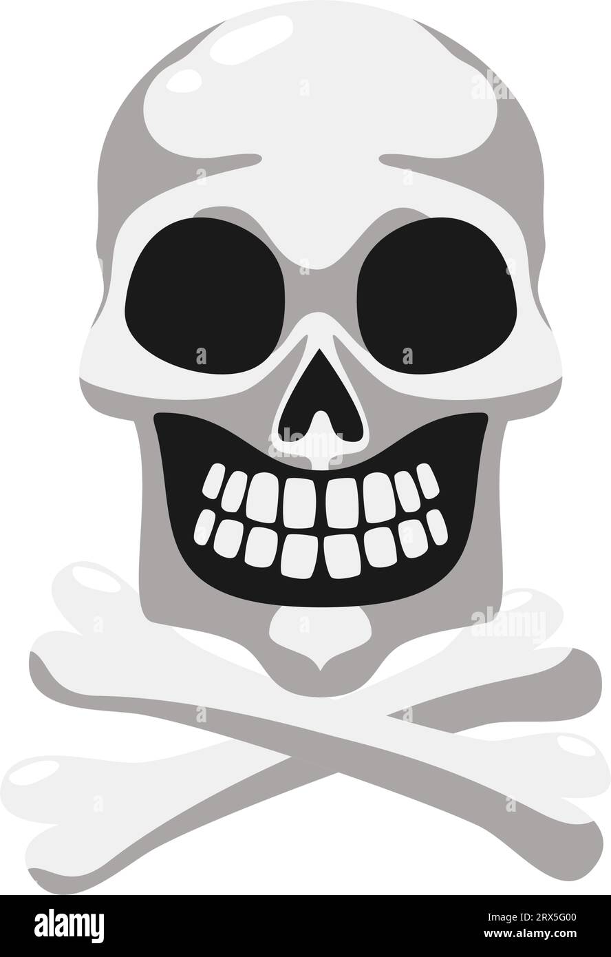 Cranio e ossa incrociate. Cranio umano. Osso della testa del mammifero con mascella e denti. Illustrazione vettoriale dei cartoni animati anatomici. Illustrazione Vettoriale