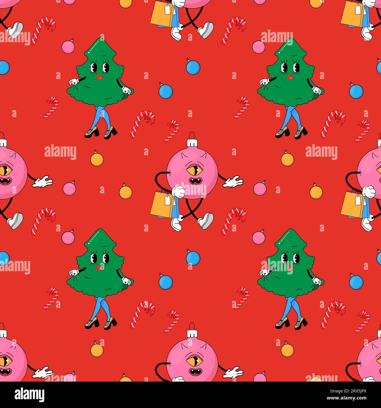 Modello senza cuciture, Natale psichedelico, Capodanno. Albero di Natale e palla. Illustrazione vettoriale Illustrazione Vettoriale