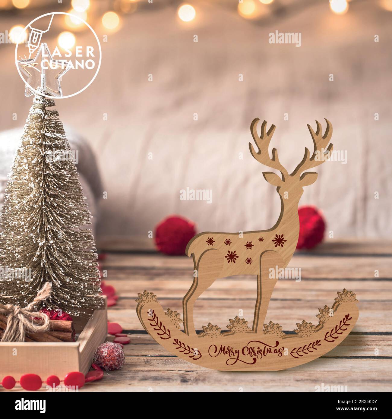 Aggiungi un tocco di fascino rustico ed eleganza senza tempo al tuo arredamento natalizio con il nostro prodotto in legno di cervo natalizio. Illustrazione Vettoriale