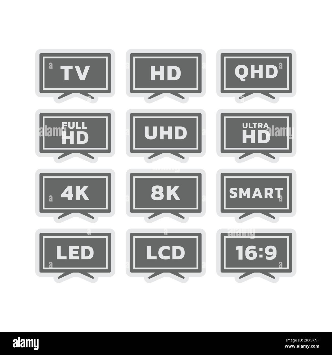 Smart tv e etichette vettoriali 8K. Set di icone TV con display LED e risoluzione 4K Ultra HD. Illustrazione Vettoriale