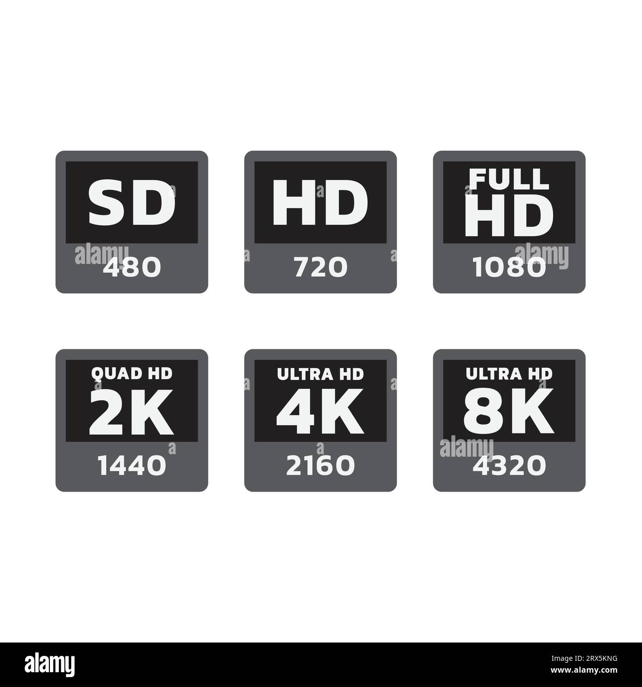 Set di etichette vettoriali HD, Full hd e 8K. Etichette per set di adesivi TV Ultra hd con risoluzione 4K. Illustrazione Vettoriale