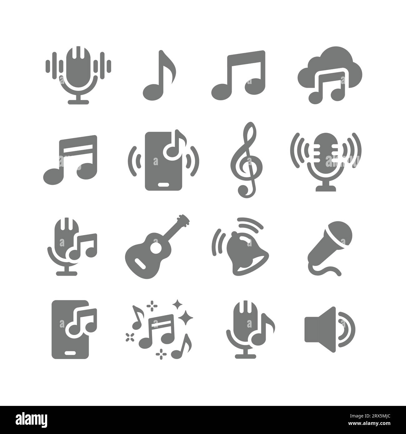 Note musicali, chiave e set di icone vettoriali sonori. Note musicali, icone del microfono. Illustrazione Vettoriale