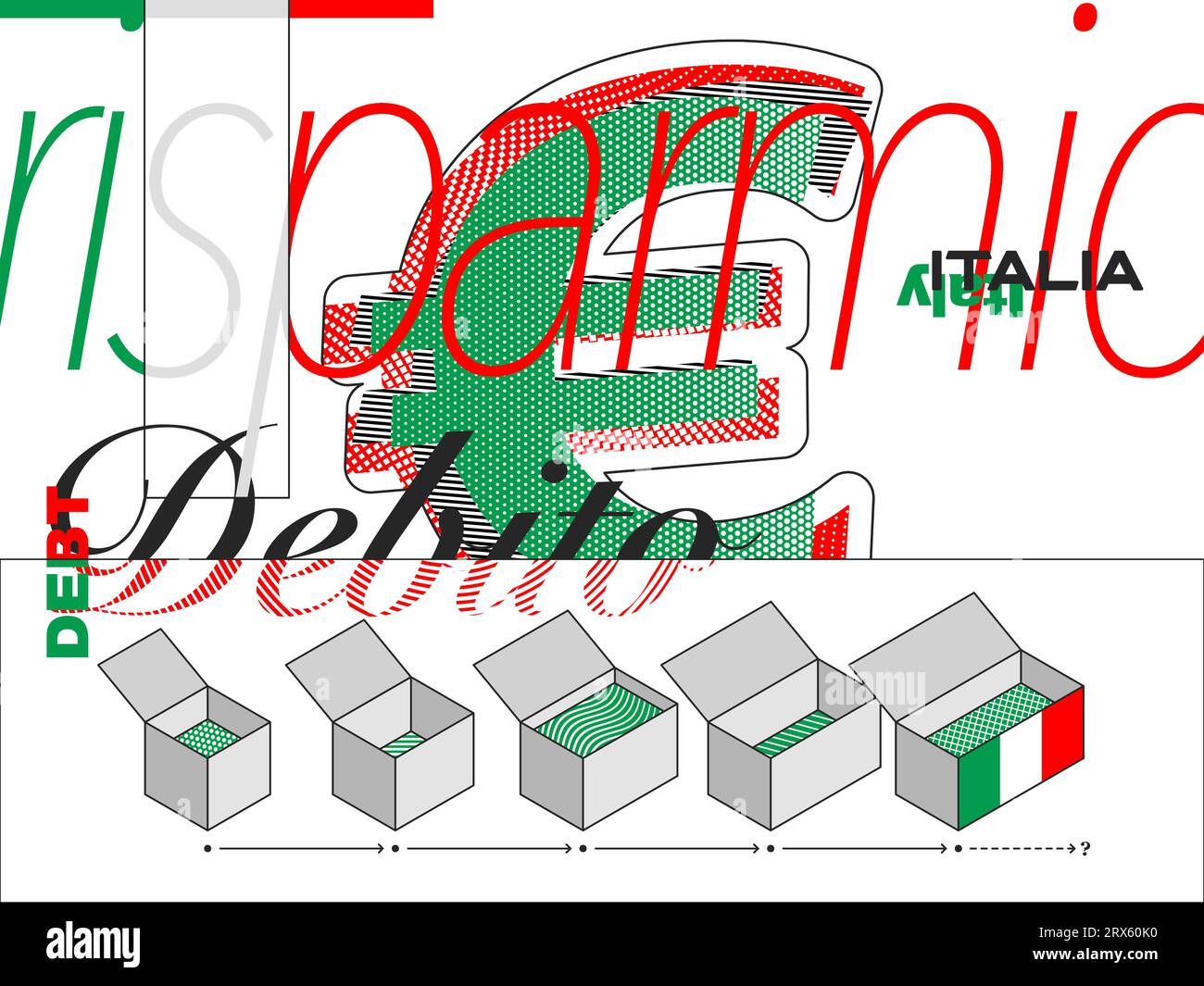 Illustrazione che cattura il debito nazionale italiano, con simboli e motivi minimalistici. Illustrazione Vettoriale