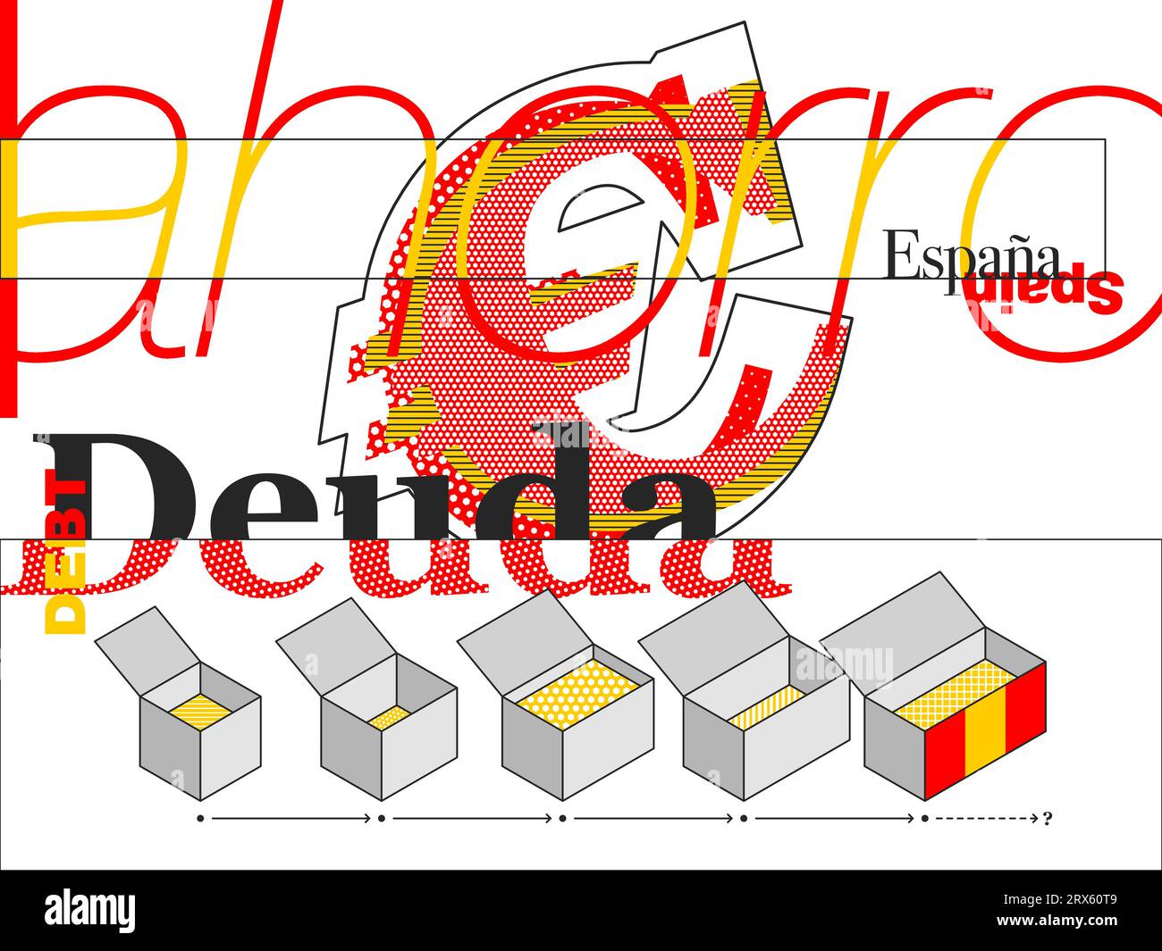 Illustrazione che cattura il debito nazionale spagnolo, con simboli e motivi minimalisti. Illustrazione Vettoriale