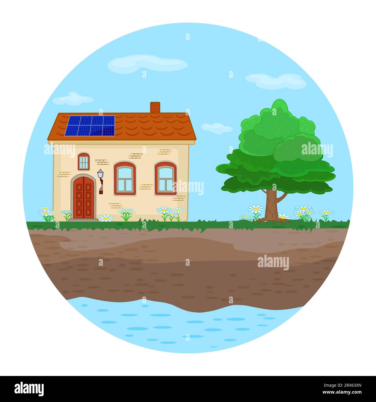 Paesaggio con casa, albero e terreno all'interno di forma rotonda. Emblema, logo o icona di proprietà immobiliare.progettazione di concetto ambientale.illustrazione vettoriale di stock Illustrazione Vettoriale