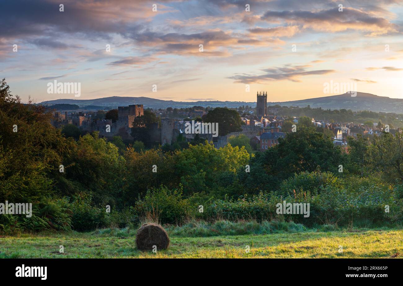 Ludlow, città dello Shropshire, con la chiesa di St Laurence e il castello all'alba Foto Stock