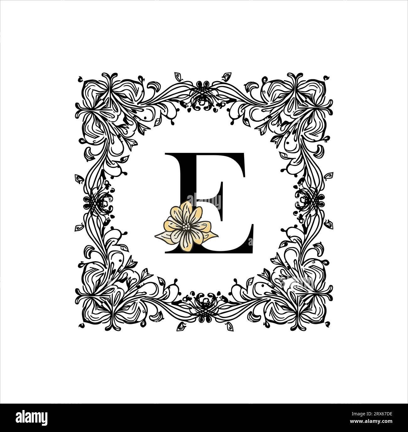 E Letter floreale , e nella cornice floreale , telaio floreale Illustrazione Vettoriale