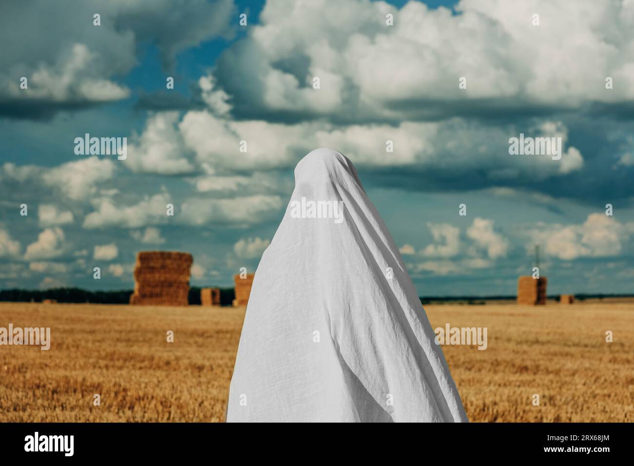 Donna che indossa un costume fantasma in piedi nel campo di grano Foto Stock