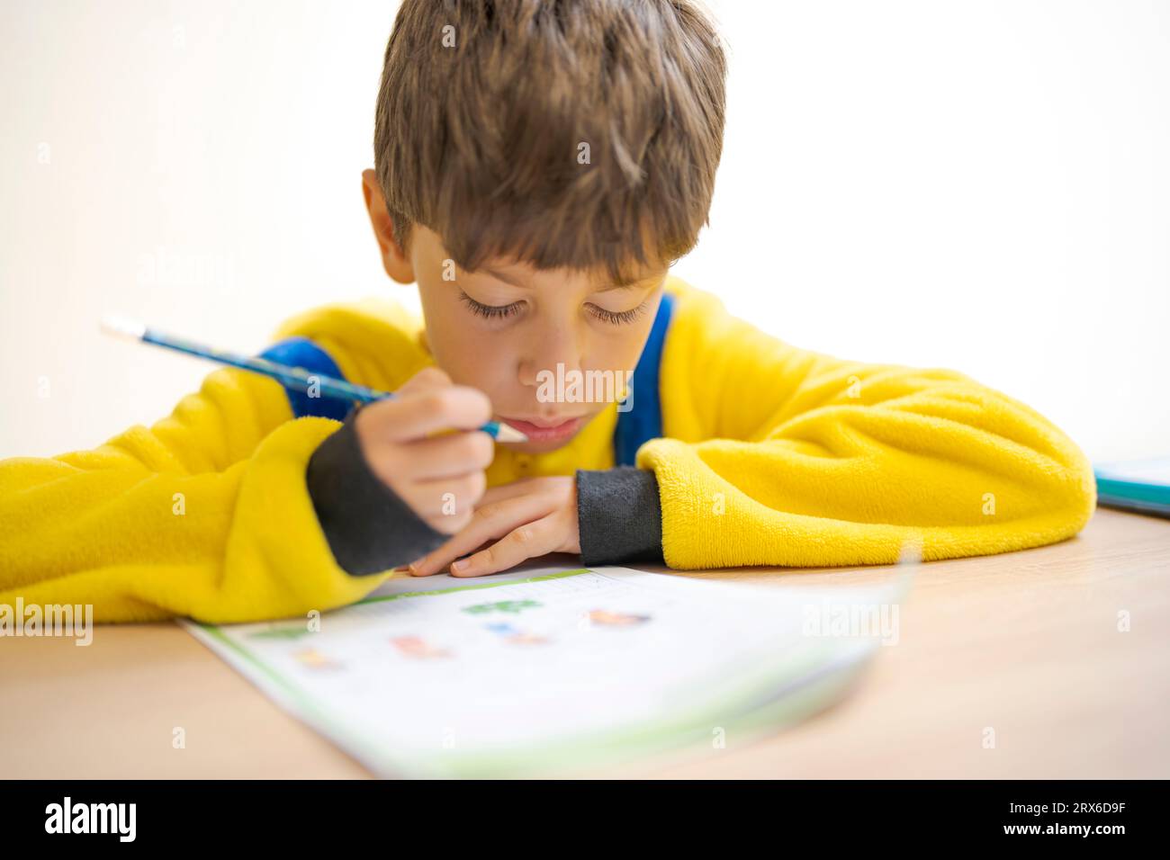 Un ragazzo carino e serio fa i compiti Foto Stock