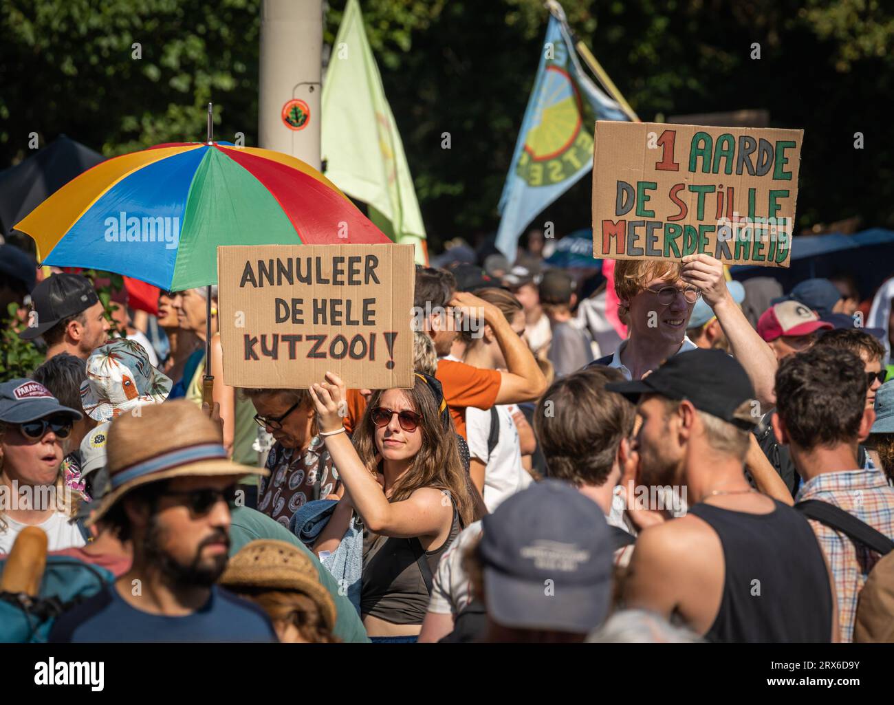 L'Aia, Paesi Bassi, 09.09.2023, attivisti per il clima con striscioni che bloccano l'autostrada A12 durante la protesta contro i sussidi per i combustibili fossili Foto Stock