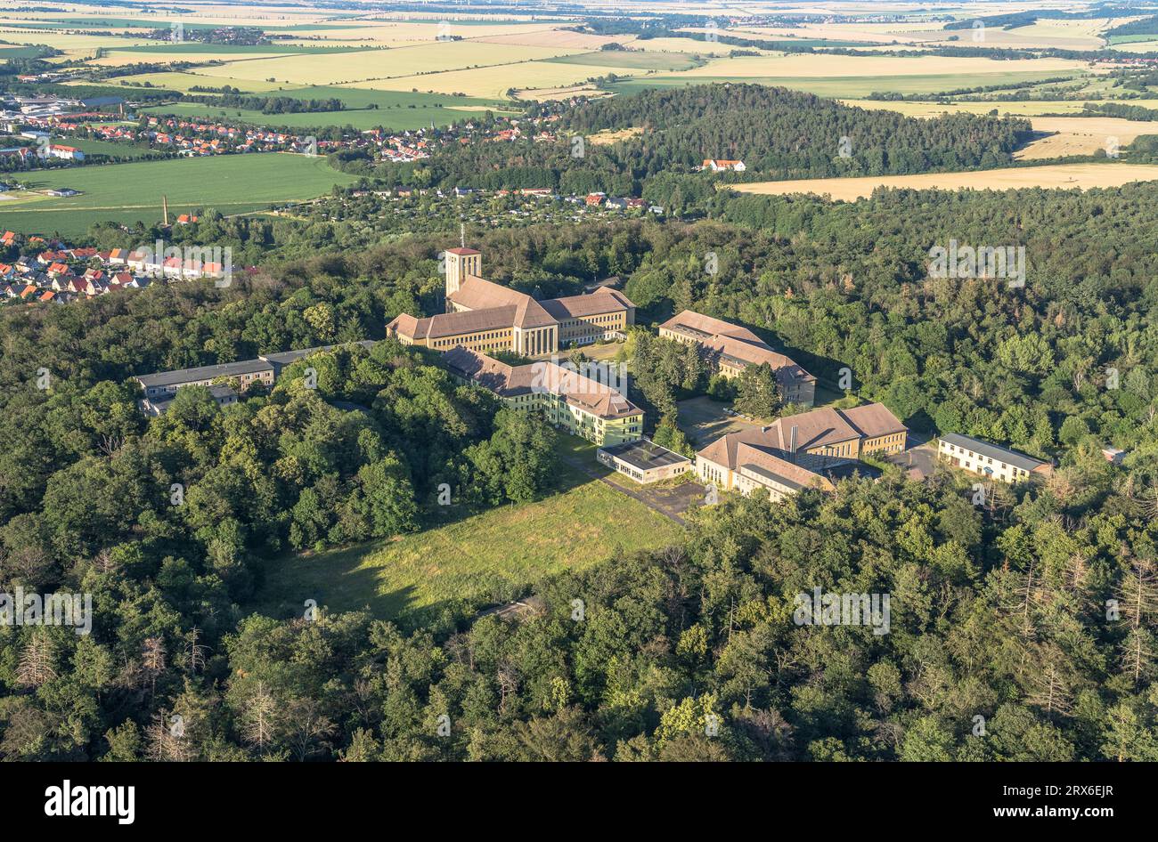 Germania, Sassonia-Anhalt, Ballenstedt, vista aerea del complesso Ziegenberg circondato da alberi verdi Foto Stock