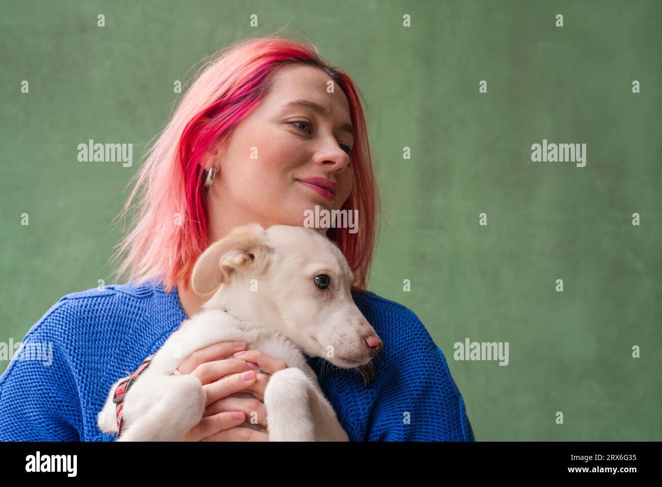 Donna premurosa con capelli tinti che abbracciano il cane davanti al muro verde Foto Stock