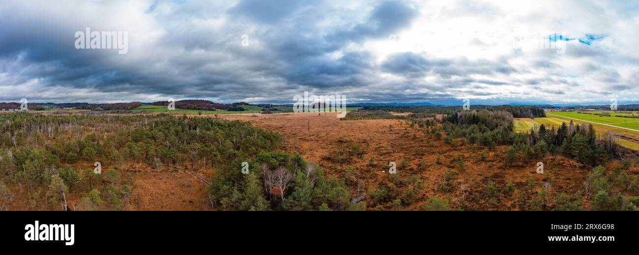 Austria, alta Austria, Drone panorama del cielo nuvoloso sulla riserva di Ibmer Moor Foto Stock