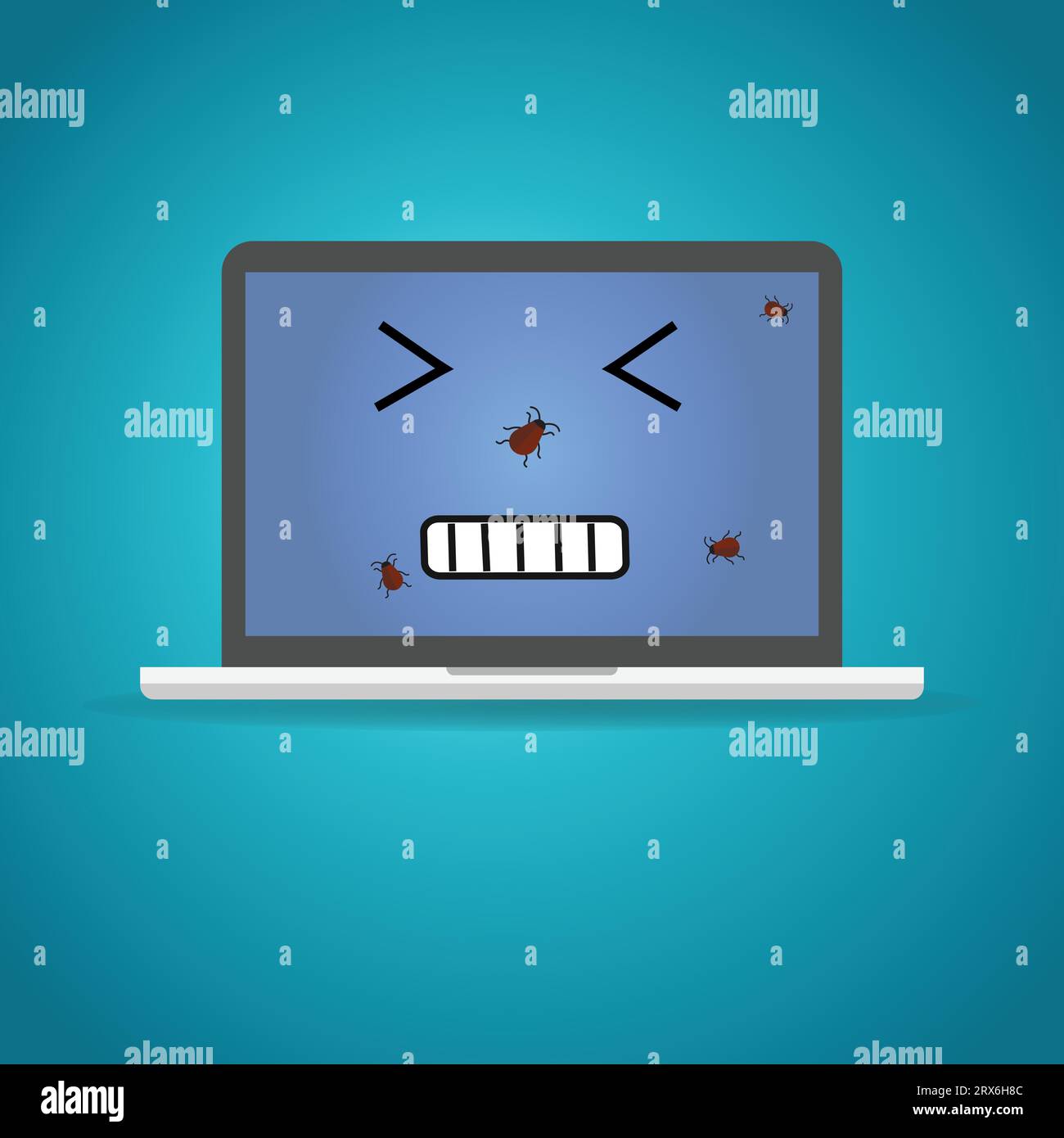 Computer portatile malato con volto antropomorfo e bug su di esso, concetto di virus del computer Illustrazione Vettoriale