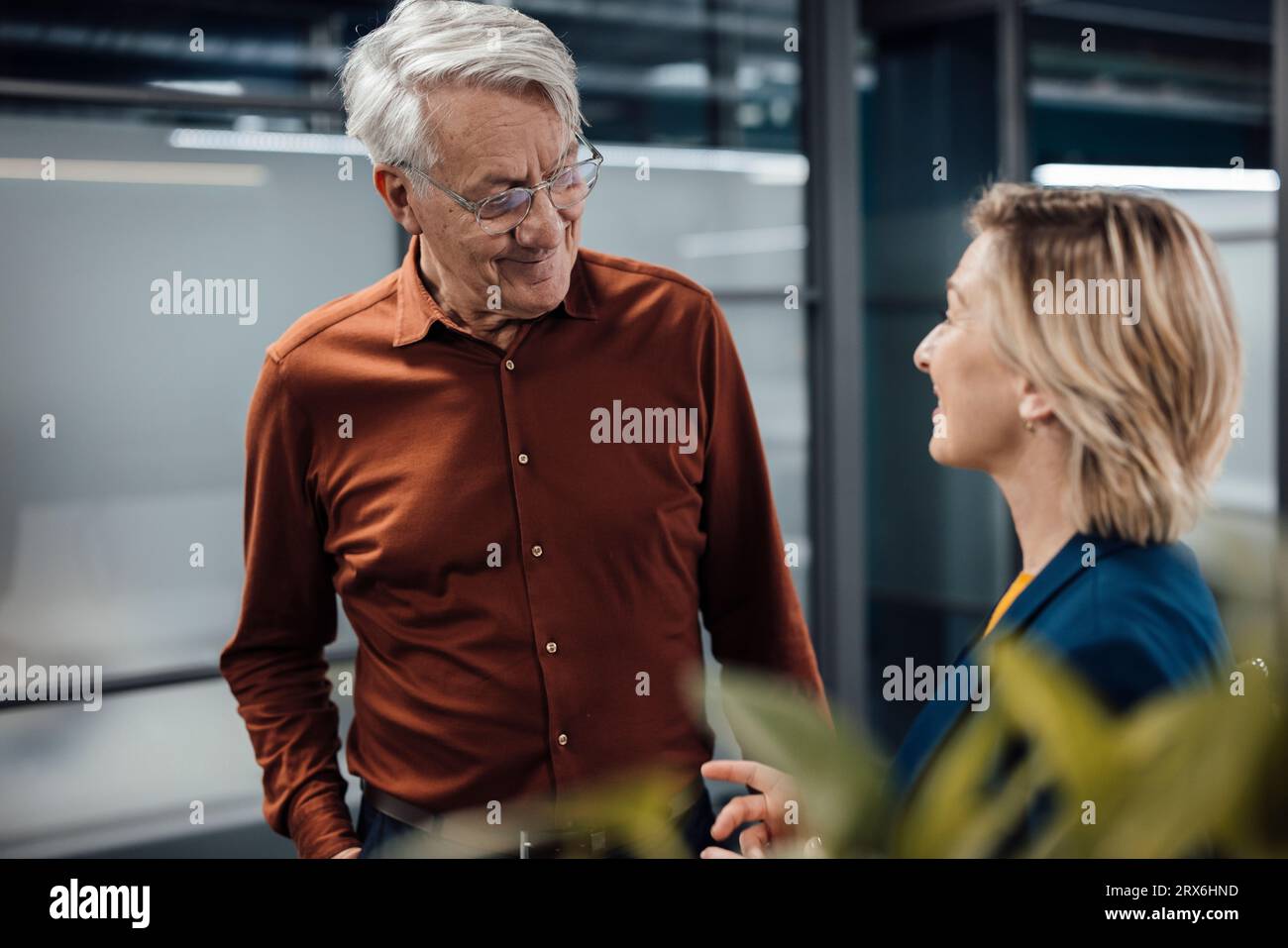 Uomo d'affari anziano sorridente che discute con un collega in carica Foto Stock
