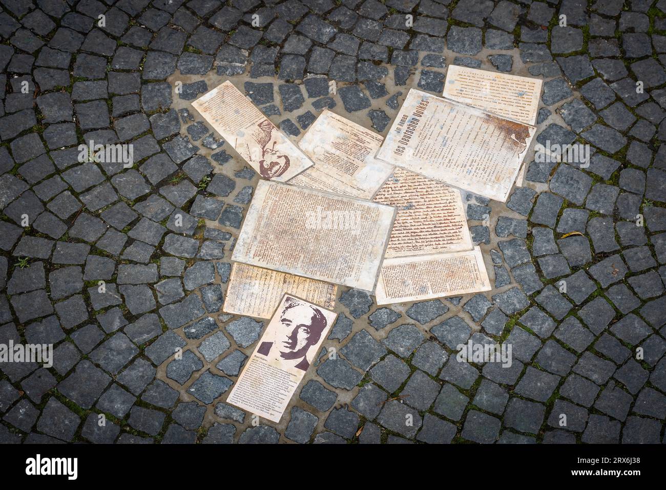 White Rose Memorial - opuscoli della resistenza anti-nazista a Geschwister-Scholl-Platz (piazza dei fratelli Scholl) - Monaco, Baviera, Germania Foto Stock
