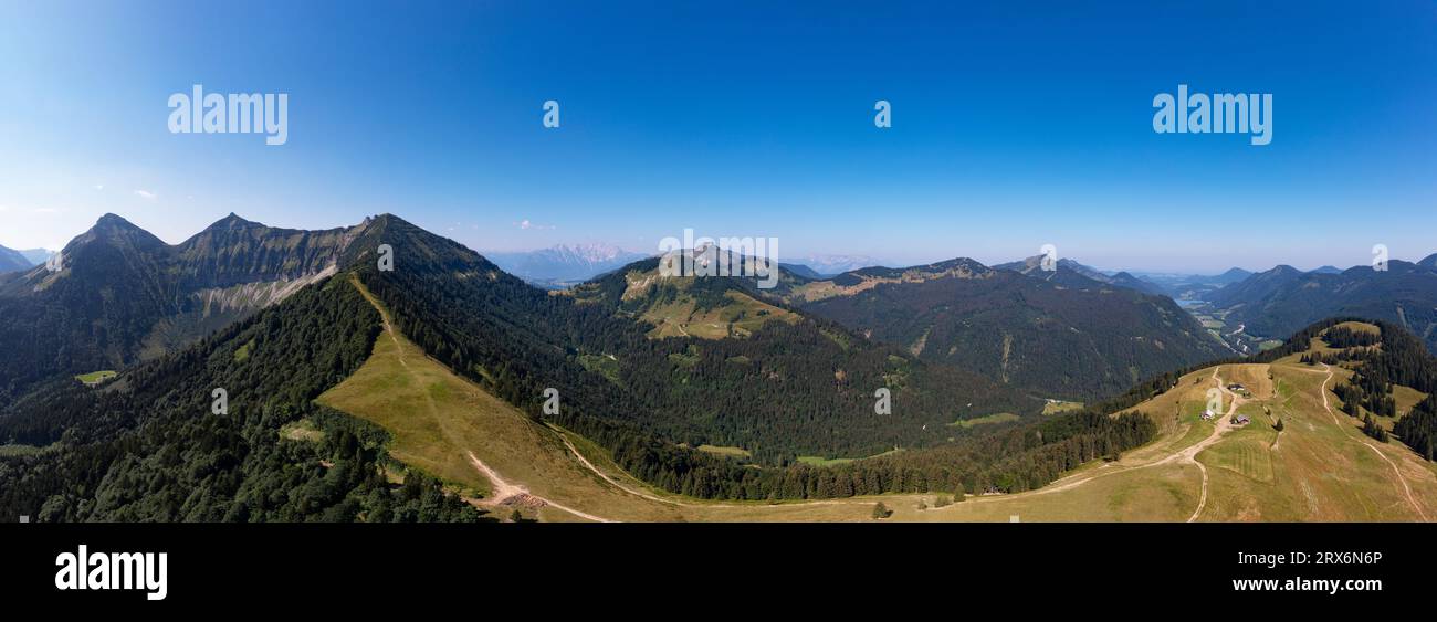Austria, Salzburger Land, Hintersee, Drone panorama della catena montuosa boscosa in estate Foto Stock