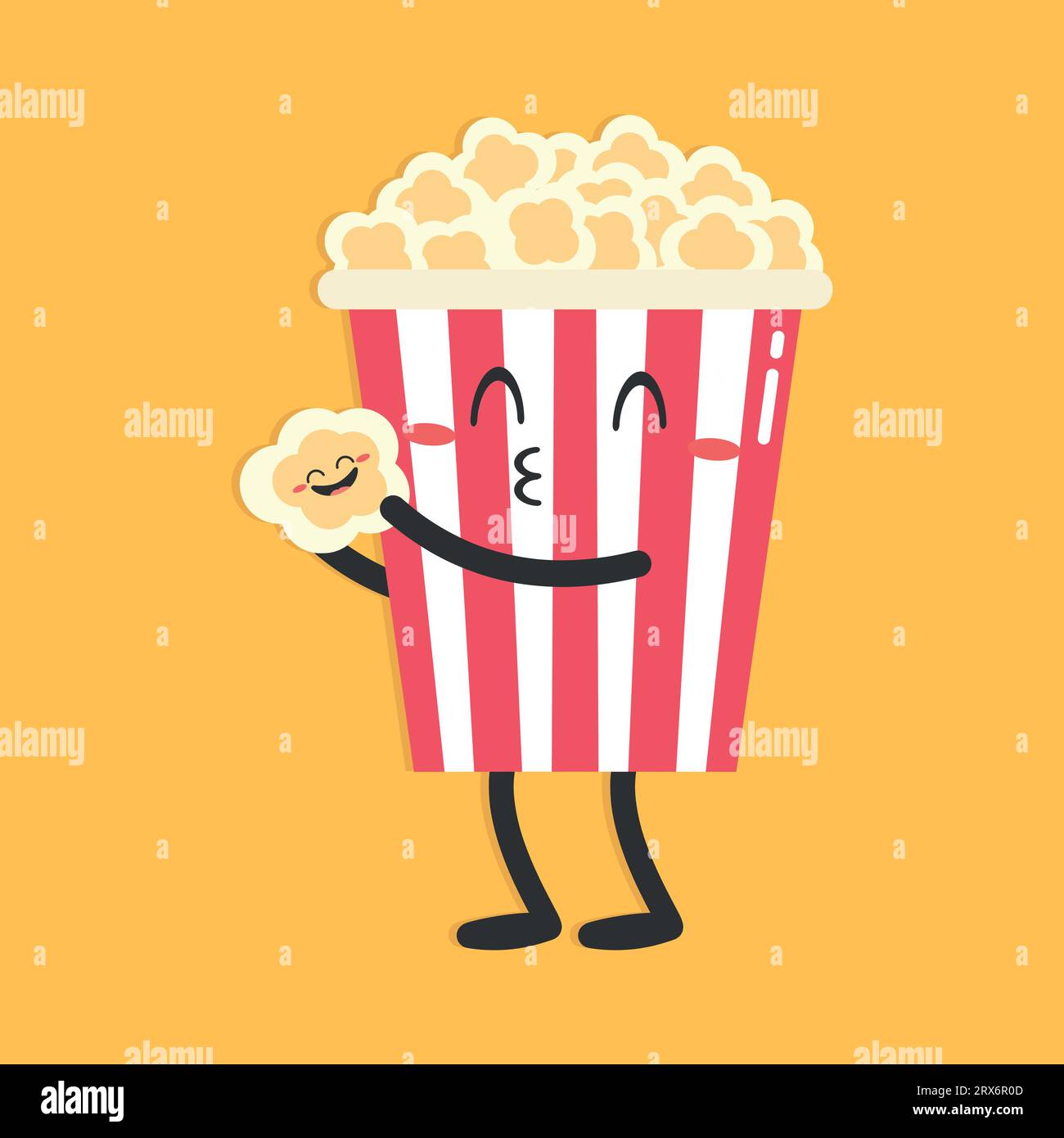 Simpatico personaggio popcorn dei cartoni animati su sfondo giallo. Popcorn che baciano un bambino. Piatto. Illustrazione vettoriale Illustrazione Vettoriale