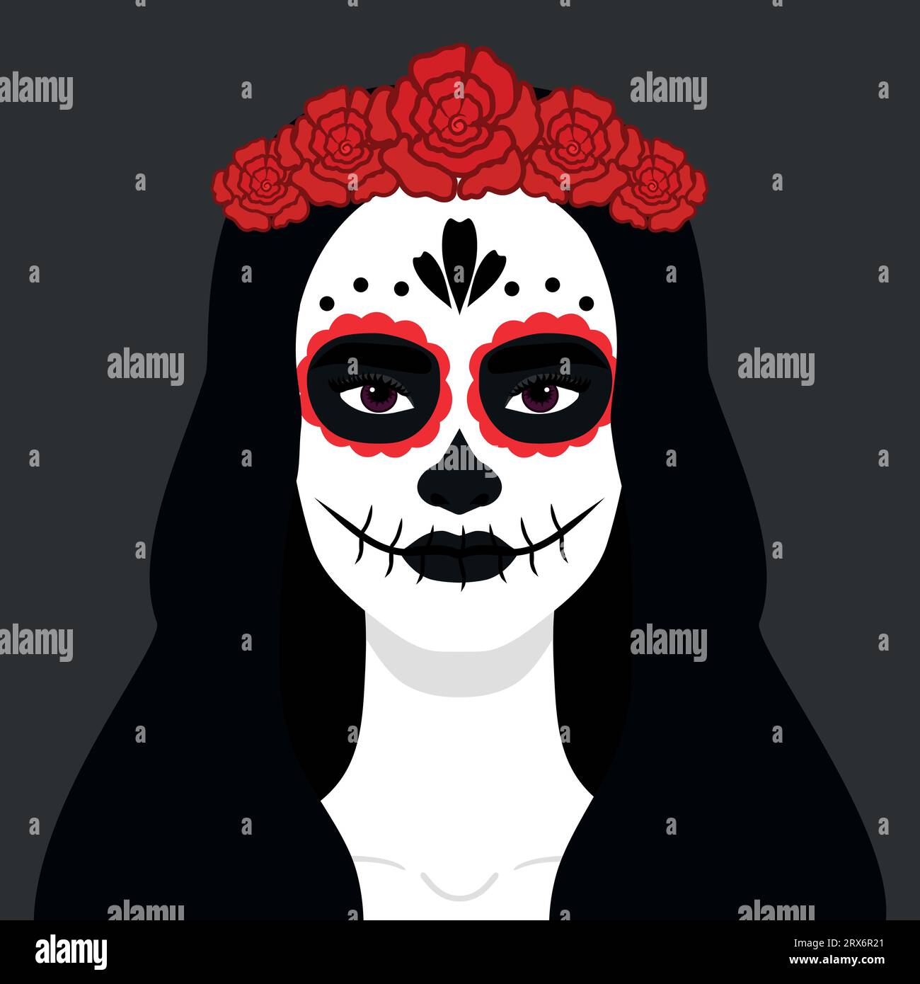 Donna con un trucco di teschio di zucchero e corona floreale rossa. Giorno della festa dei morti. Dia de los Muertos. Illustrazione vettoriale Illustrazione Vettoriale