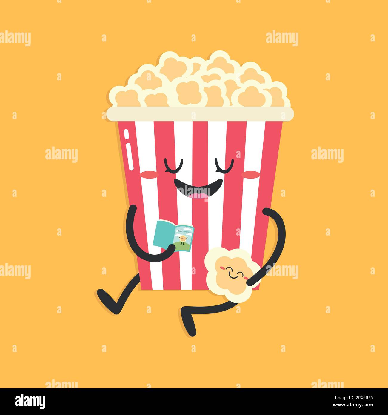 Simpatico personaggio popcorn dei cartoni animati su sfondo giallo. Popcorn che legge un libro per il bambino. Piatto. Illustrazione vettoriale Illustrazione Vettoriale