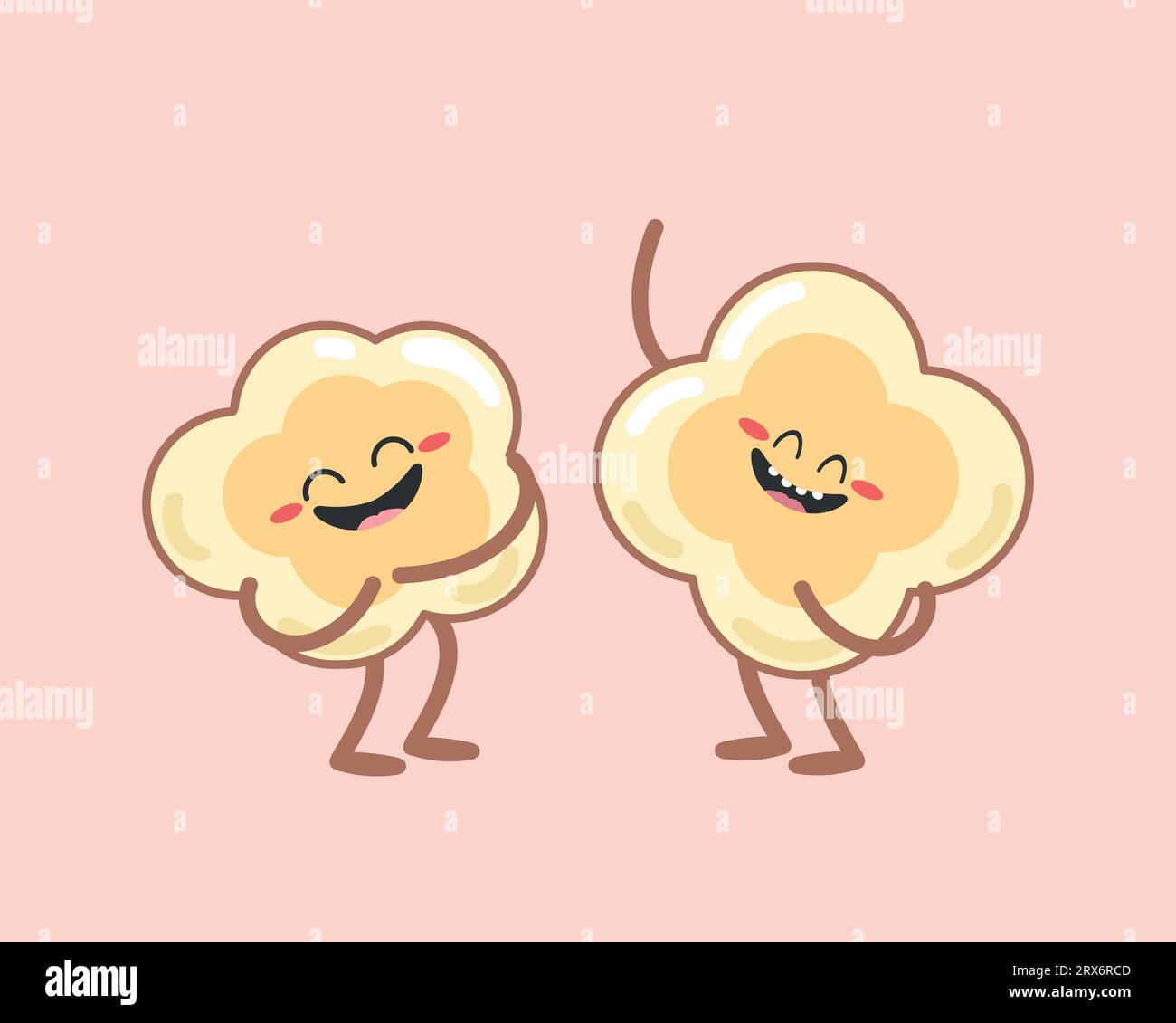 Simpatici personaggi popcorn dei cartoni animati su sfondo rosa. Due popcorn stanno ridendo. Piatto. Illustrazione vettoriale Illustrazione Vettoriale