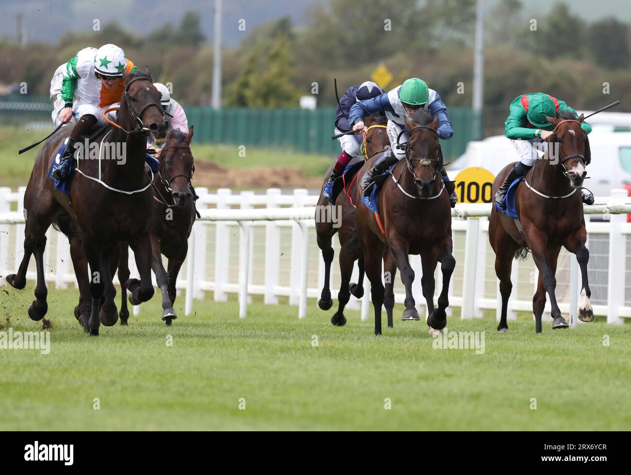 Divertiti Un minuto a bordo di Adam Caffrey (a sinistra) sulla strada per vincere il premio per handicap Joe McGrath Mercedes-benz di Fitzpatrick durante il primo giorno del festival autunnale all'ippodromo di Curragh nella contea di Kildare, in Irlanda. Data immagine: Sabato 23 settembre 2023. Foto Stock