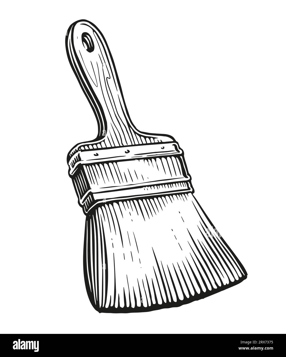 Pennello con manico in legno. Strumento per la verniciatura e le operazioni di casa. Illustrazione dello schizzo Foto Stock