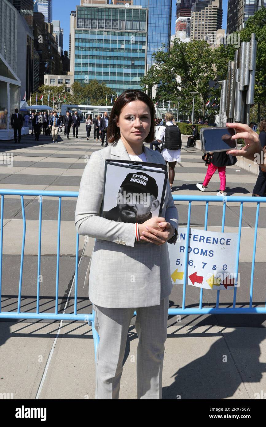 Nazioni Unite, New York, USA, 20 settembre 2023 - Svetlana Tikhanovskaya, attivista politica bielorussa in visita alla sede delle Nazioni Unite a New York per una riunione durante l'UNGA78th. Foto: Luiz Rampelotto/EuropaNewswire Foto Stock