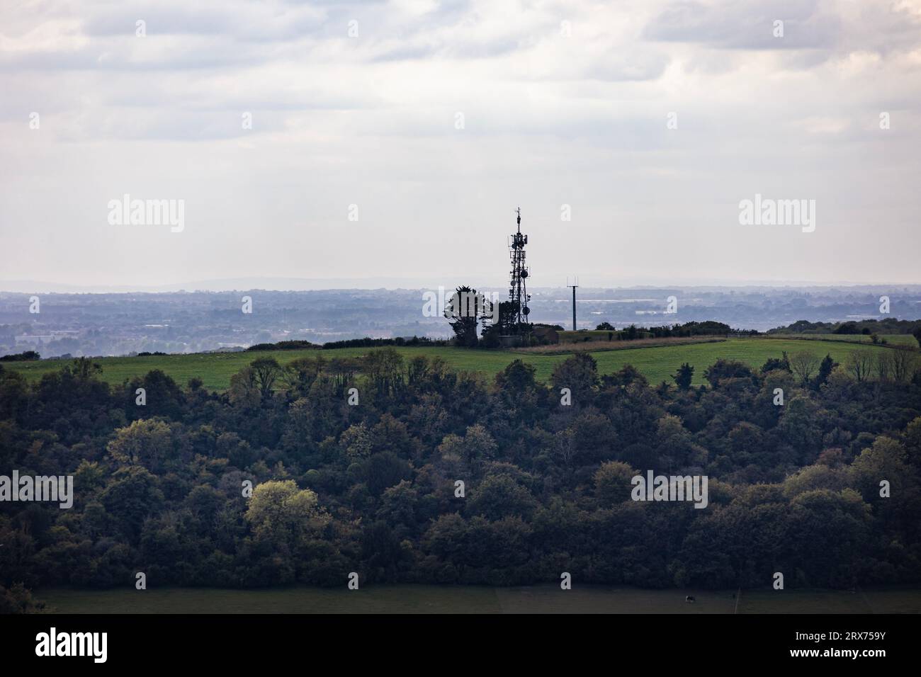 Albero di comunicazione in cima a West Hill, Worthing, vista dall'anello di Cissbury. Foto Stock