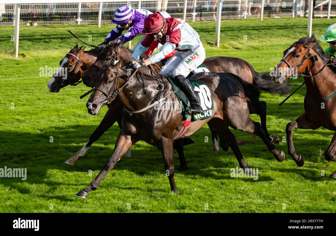 York Racecourse, York, Regno Unito, sabato 23 settembre 2023; Vintage Clarets e il jockey Jack Garritty vincono la gara caratteristica il sabato d'autunno all'Ippodromo di York, la handicap Vickers.bet per l'allenatore Richard Fahey e il proprietario Mr A Tattersall e Partner. Crediti: JTW equine Images/Alamy Live News Foto Stock