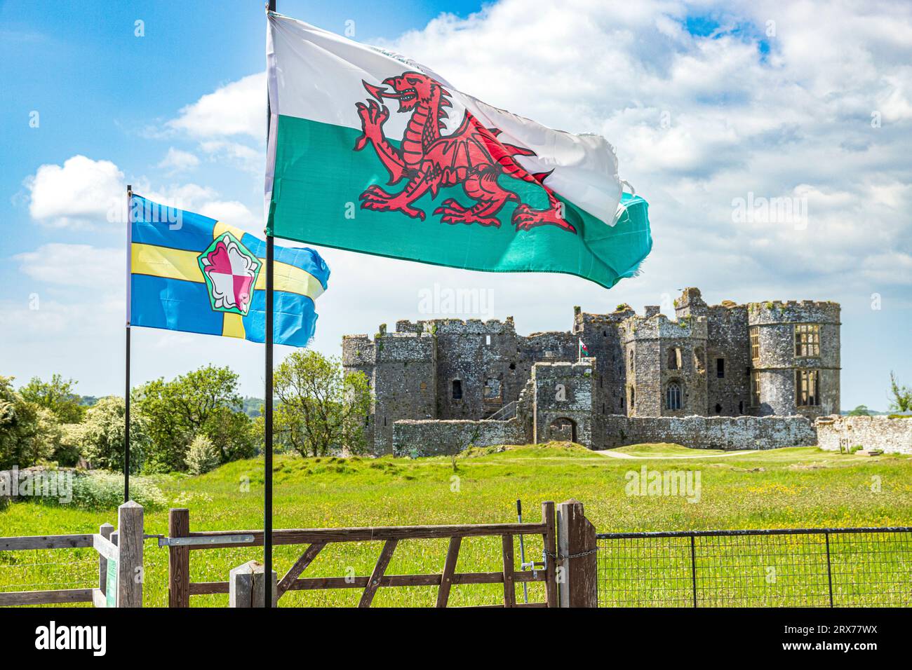 La bandiera gallese sventolante al castello di Carew nel Pembrokeshire Coast National Park, Galles occidentale, Regno Unito Foto Stock