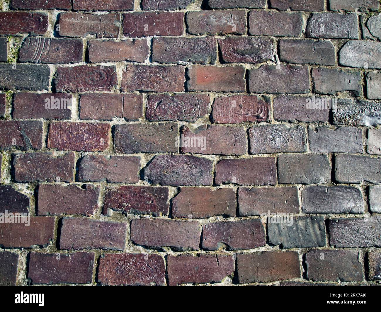 Vista frontale in formato integrale di un muro in mattoni a fuoco. Foto Stock