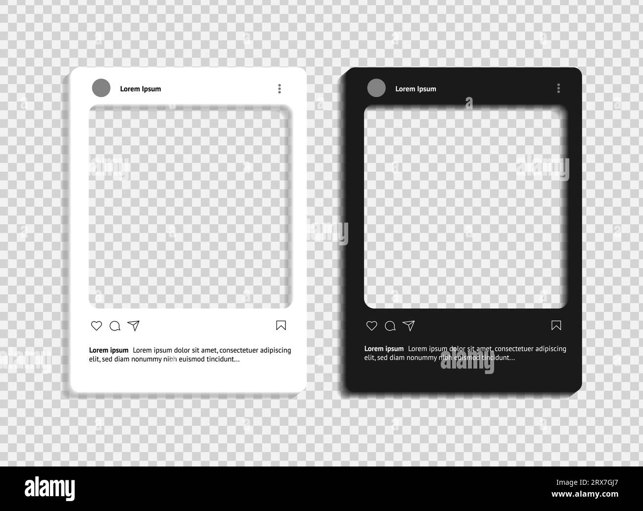 Post mockup sui social media su sfondo trasparente. Modello con tema chiaro e scuro. Illustrazione vettoriale. Illustrazione Vettoriale