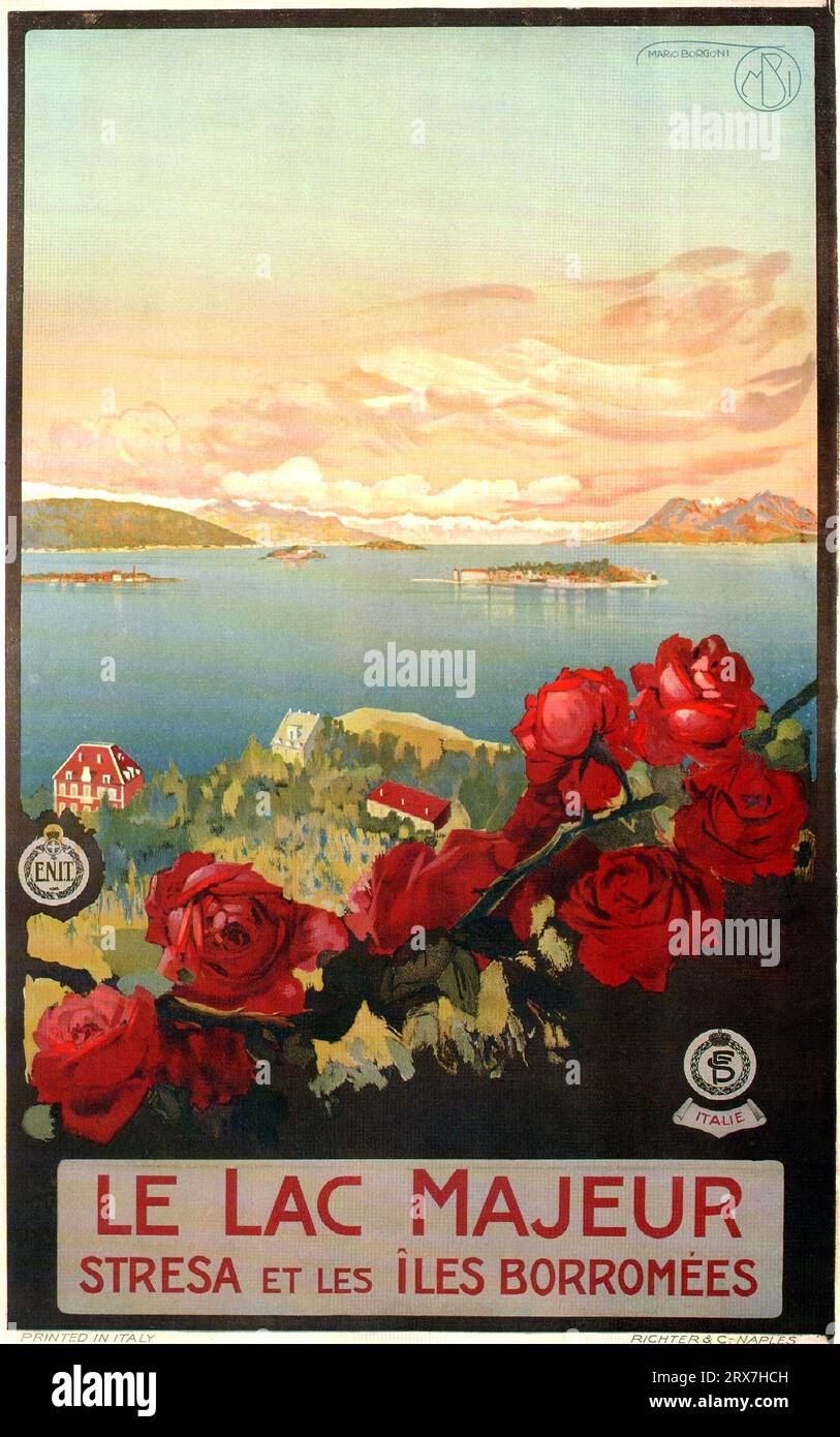 Poster di viaggio vintage, 1890 1900 lago maggiore, lac Majeur, lago maggiore, alpi italiane, Svizzera, Svizzera Foto Stock