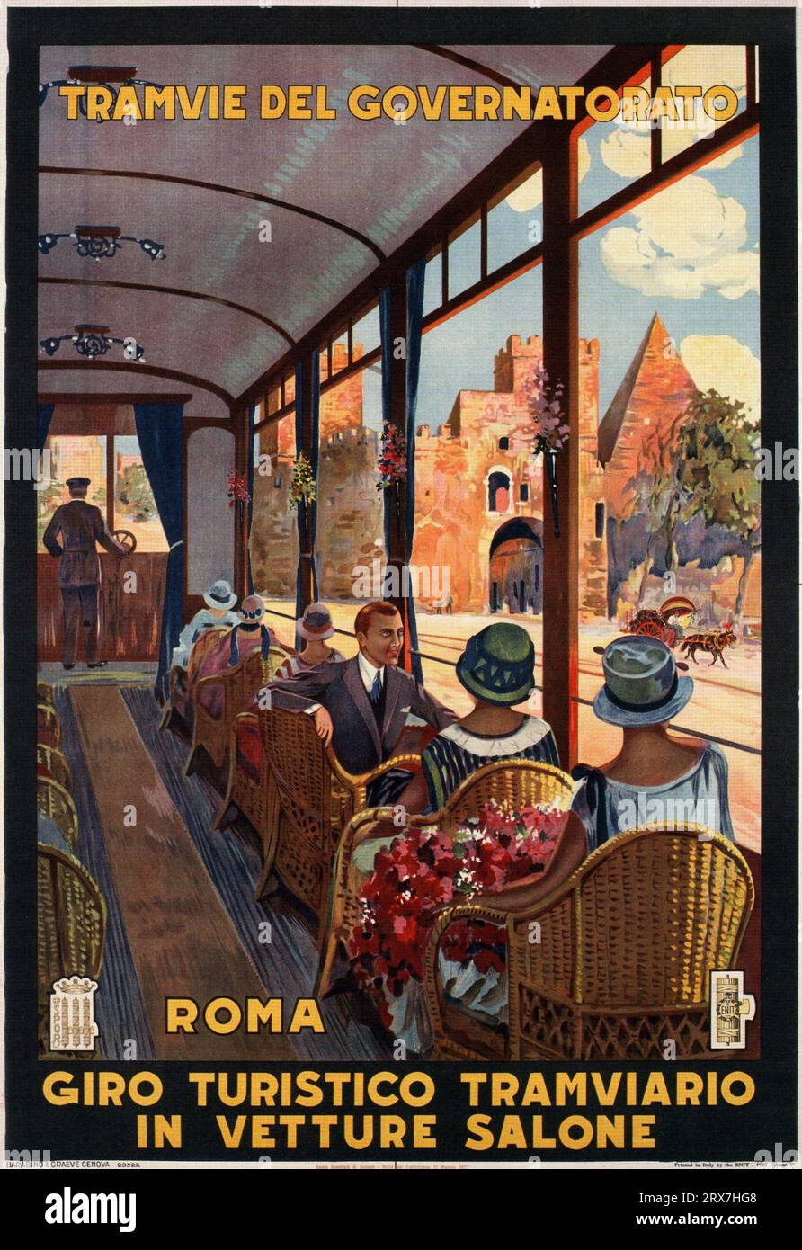 Poster di viaggio d'epoca, 1890 1900 Roma in tram storico Foto Stock