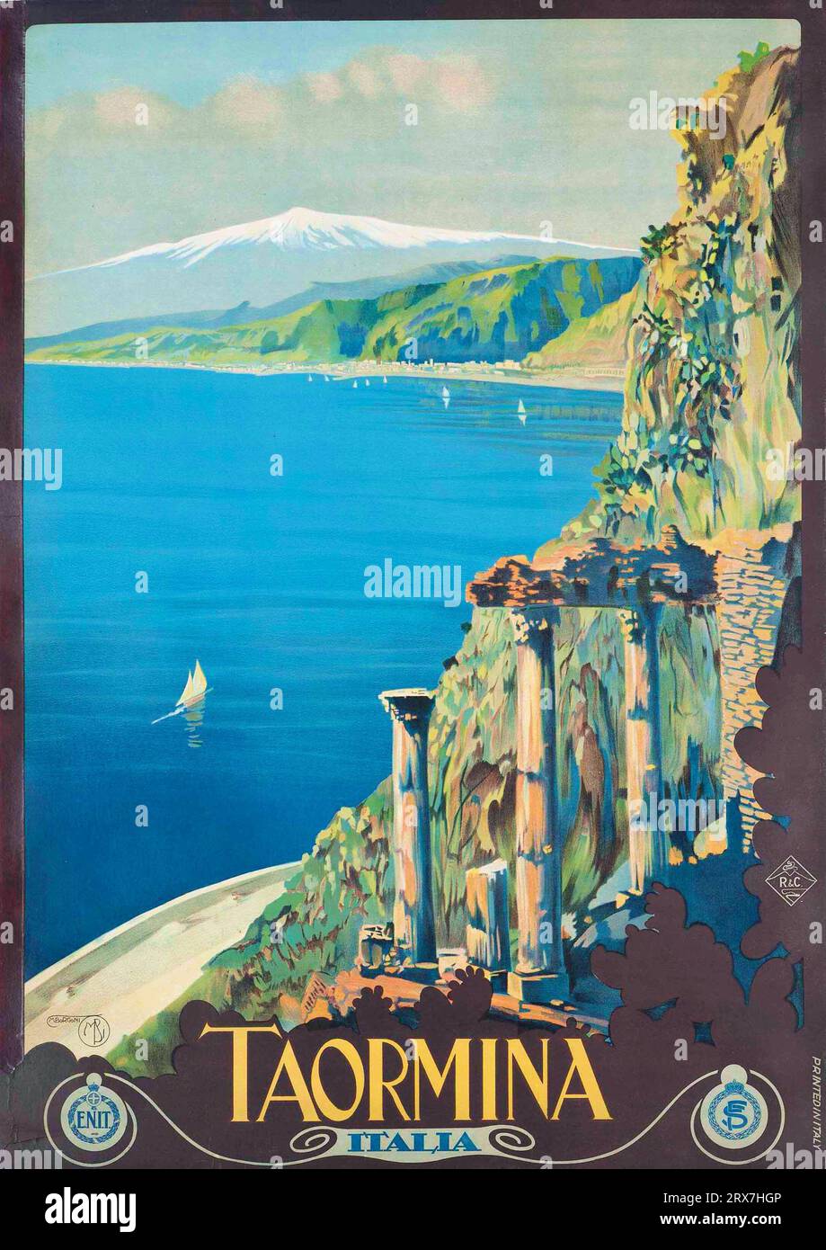 Poster di viaggio vintage, 1890 1900 Sicilia Taormina Italia Foto Stock