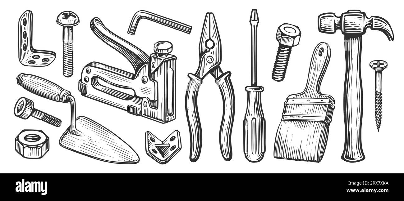 Set di attrezzature manuali per lavori di costruzione o riparazione. Illustrazione di uno schizzo disegnato a mano Foto Stock