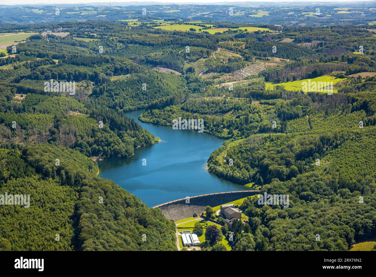 Vista aerea, diga di Hasper e muro di diga, area forestale, Haspe, Hagen, zona della Ruhr, Renania settentrionale-Vestfalia, Germania, DE, Dam, Europa, Haspertalsperre, Aerial Foto Stock