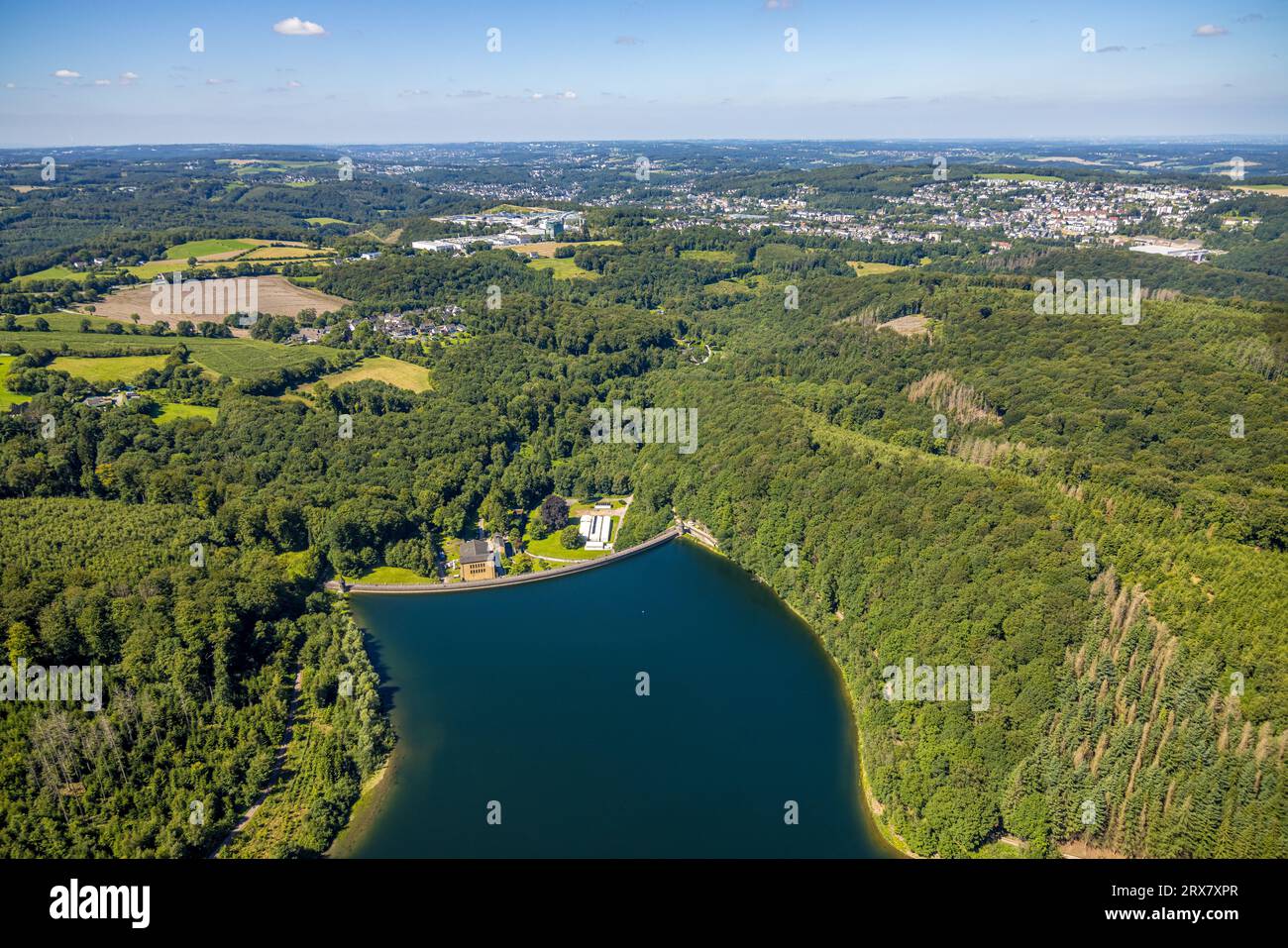 Vista aerea, diga di Hasper e muro di diga, area forestale, Haspe, Hagen, zona della Ruhr, Renania settentrionale-Vestfalia, Germania, DE, Dam, Europa, Haspertalsperre, Aerial Foto Stock