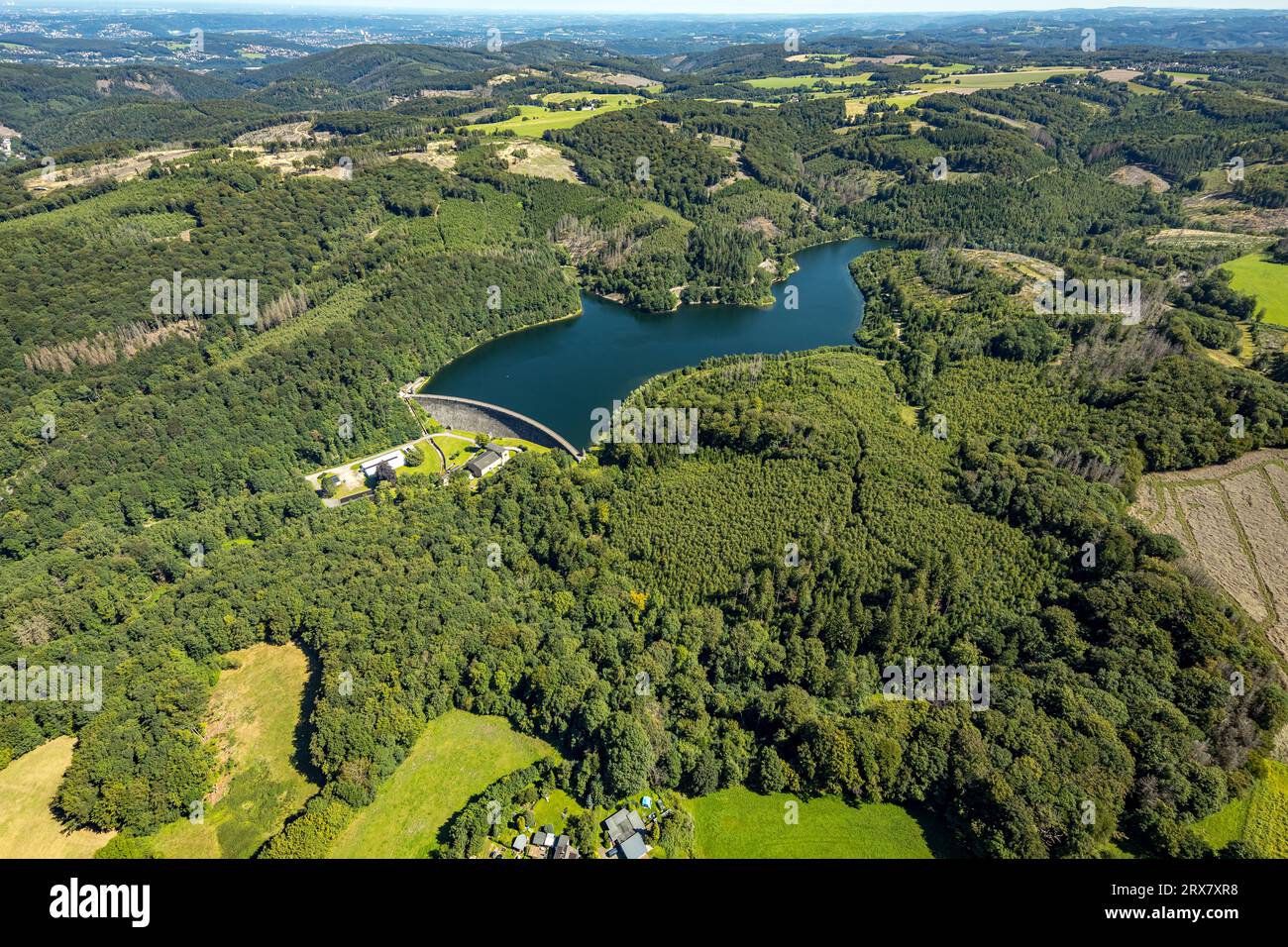 Vista aerea, diga di Hasper e muro di diga, area forestale, Haspe, Hagen, zona della Ruhr, Renania settentrionale-Vestfalia, Germania, DE, Dam, Europa, Haspertalsperre, Aerial Foto Stock