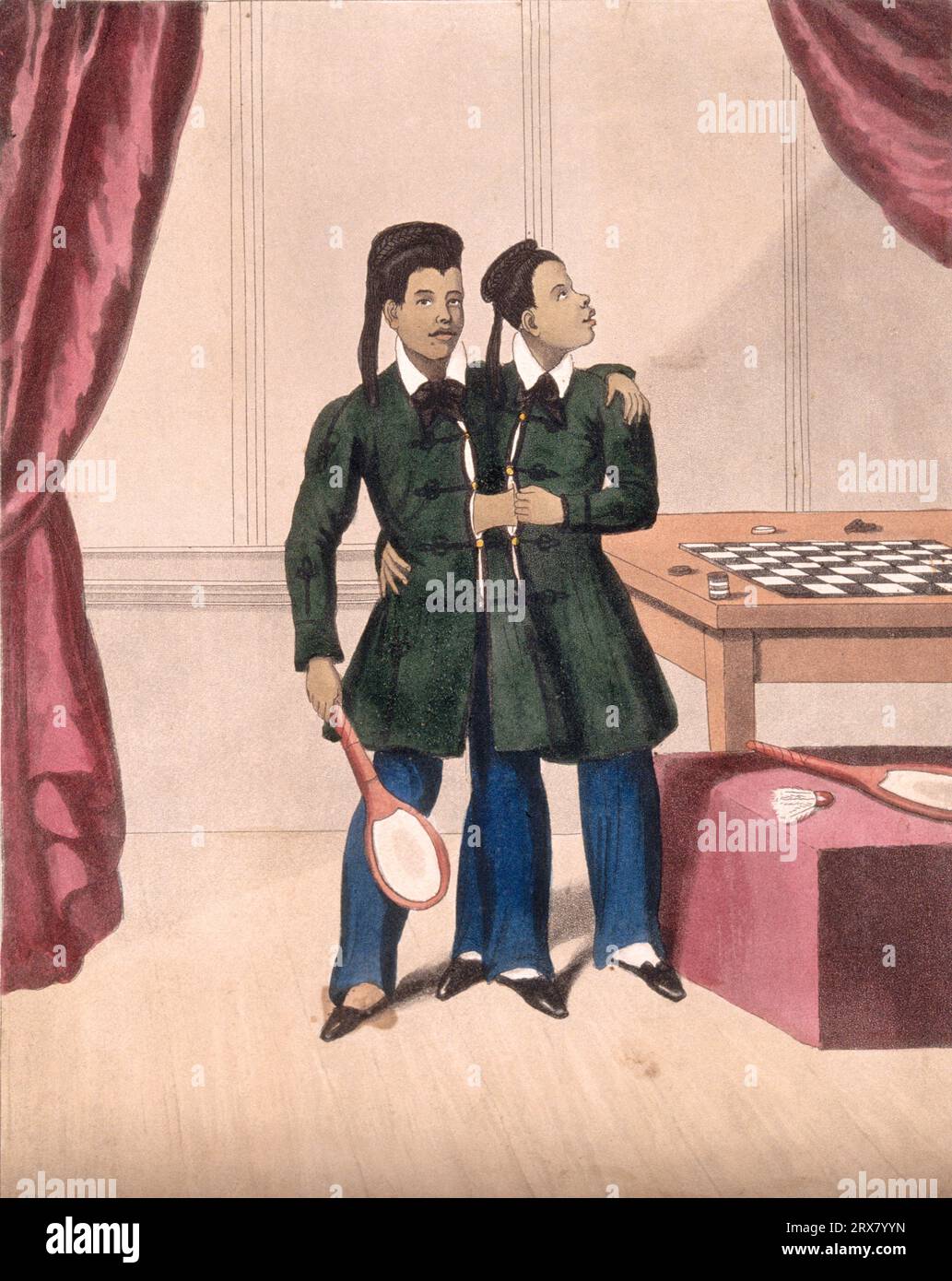 Chang and Ing the Siamese Twins, 1811 – 1874, in una sala giochi, incisione colorata Foto Stock