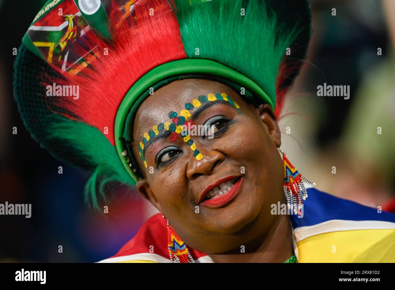 Julien Mattia/le Pictorium - partita di Coppa del mondo di rugby Sud Africa, Irlanda. 16 settembre 2023. Francia/Seine-Saint-Denis/Saint-Denis - tifosi di Springbok durante il primo confronto tra Sudafrica e Irlanda alla Coppa del mondo di rugby, allo Stade de France, il 23 settembre 2023. Crediti: LE PICTORIUM/Alamy Live News Foto Stock