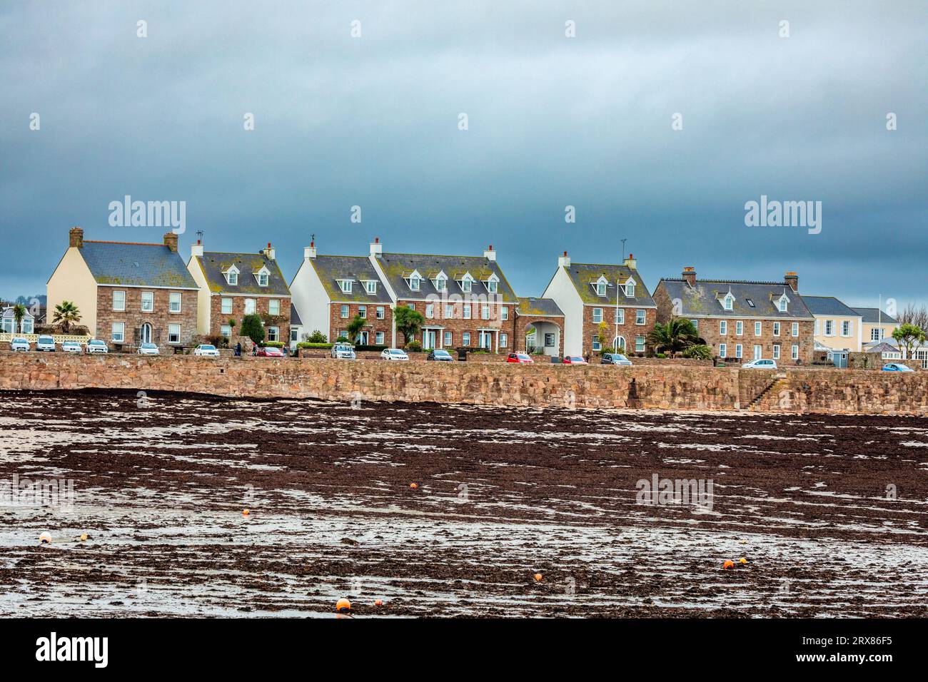 Case residenziali sulla costa di la Manche, nella bassa marea bailiwick di Jersey, Isole del Canale, Gran Bretagna Foto Stock