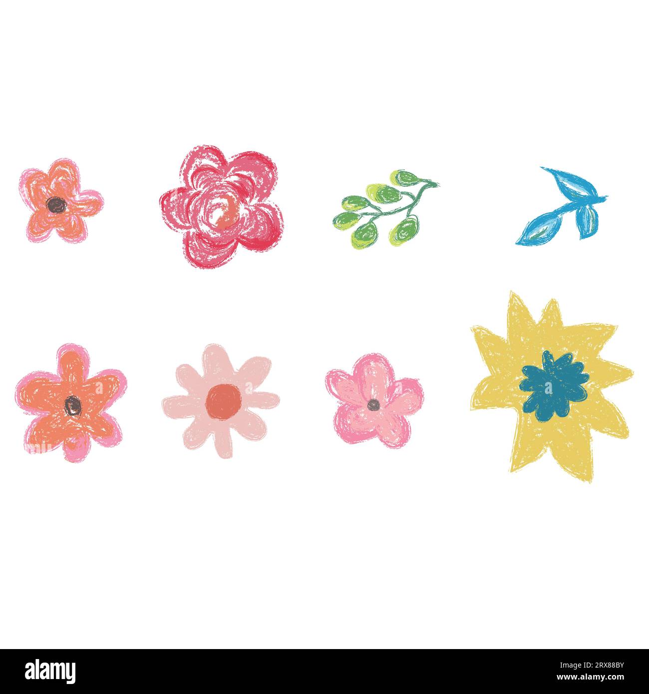 Un mazzo di pennello a matita disegnato a mano di colori diversi produce fiori su uno sfondo bianco Illustrazione Vettoriale