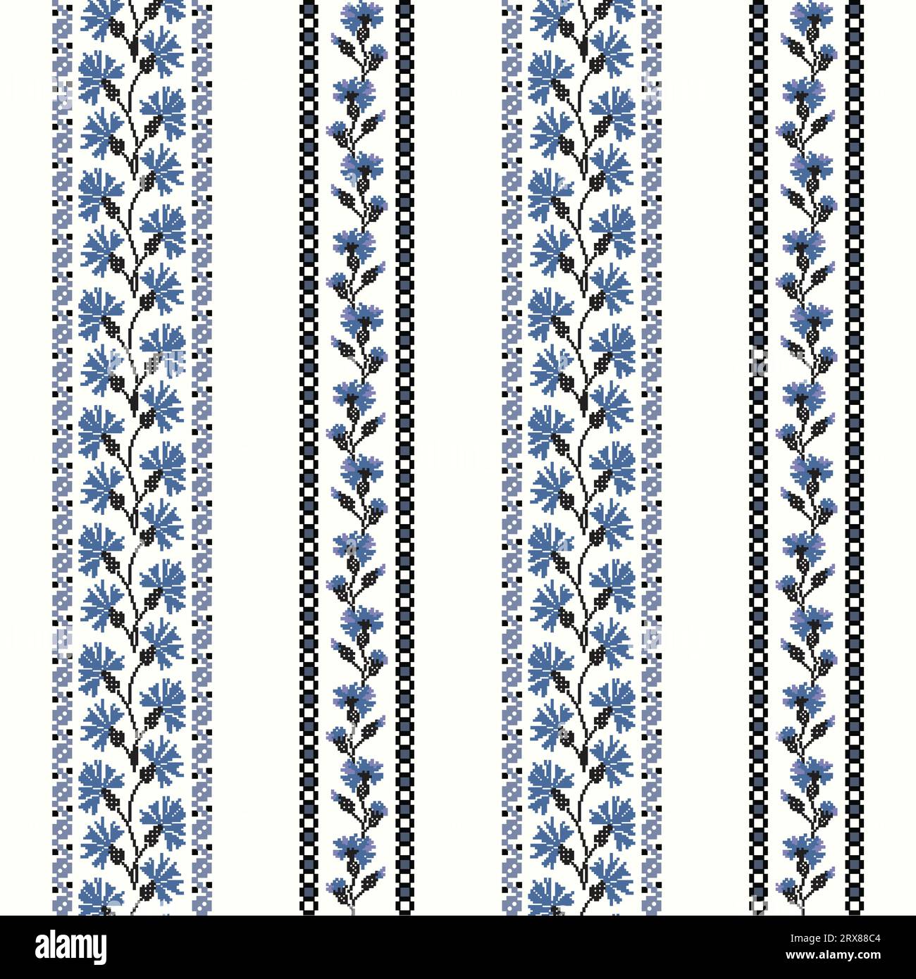 Bordo a righe blu e bianche con motivi floreali Illustrazione Vettoriale
