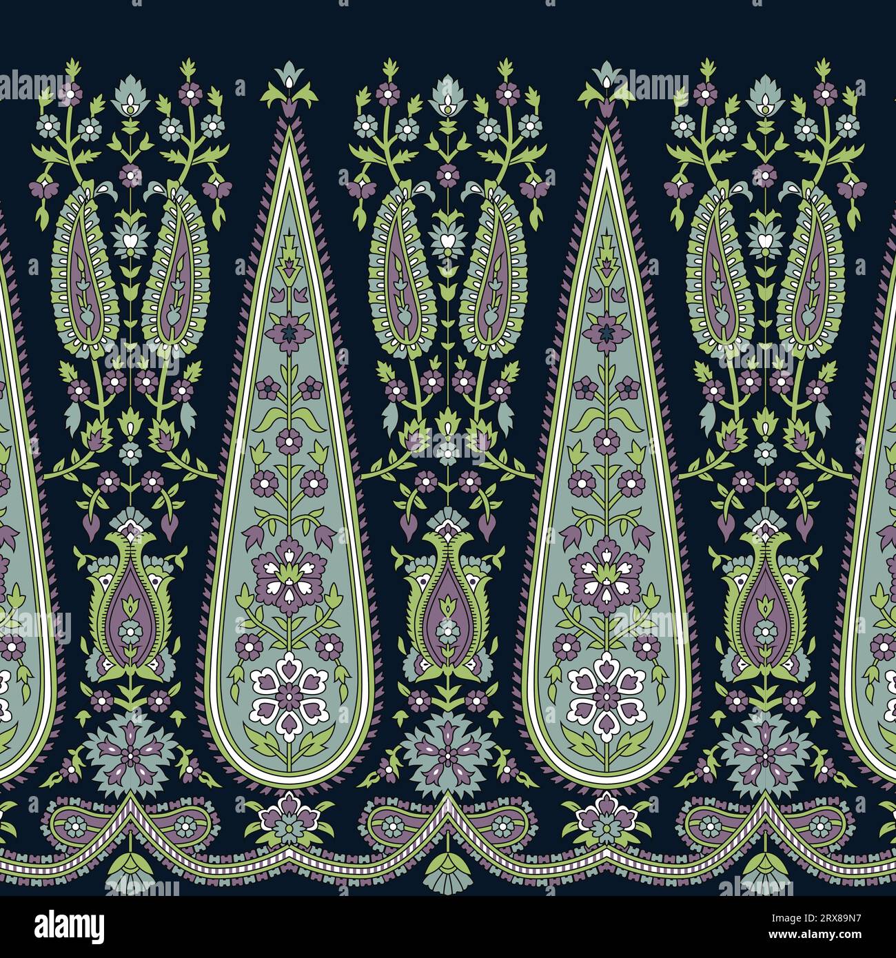 Un vivace motivo paisley su sfondo scuro, bordi ripetuti e senza cuciture Illustrazione Vettoriale