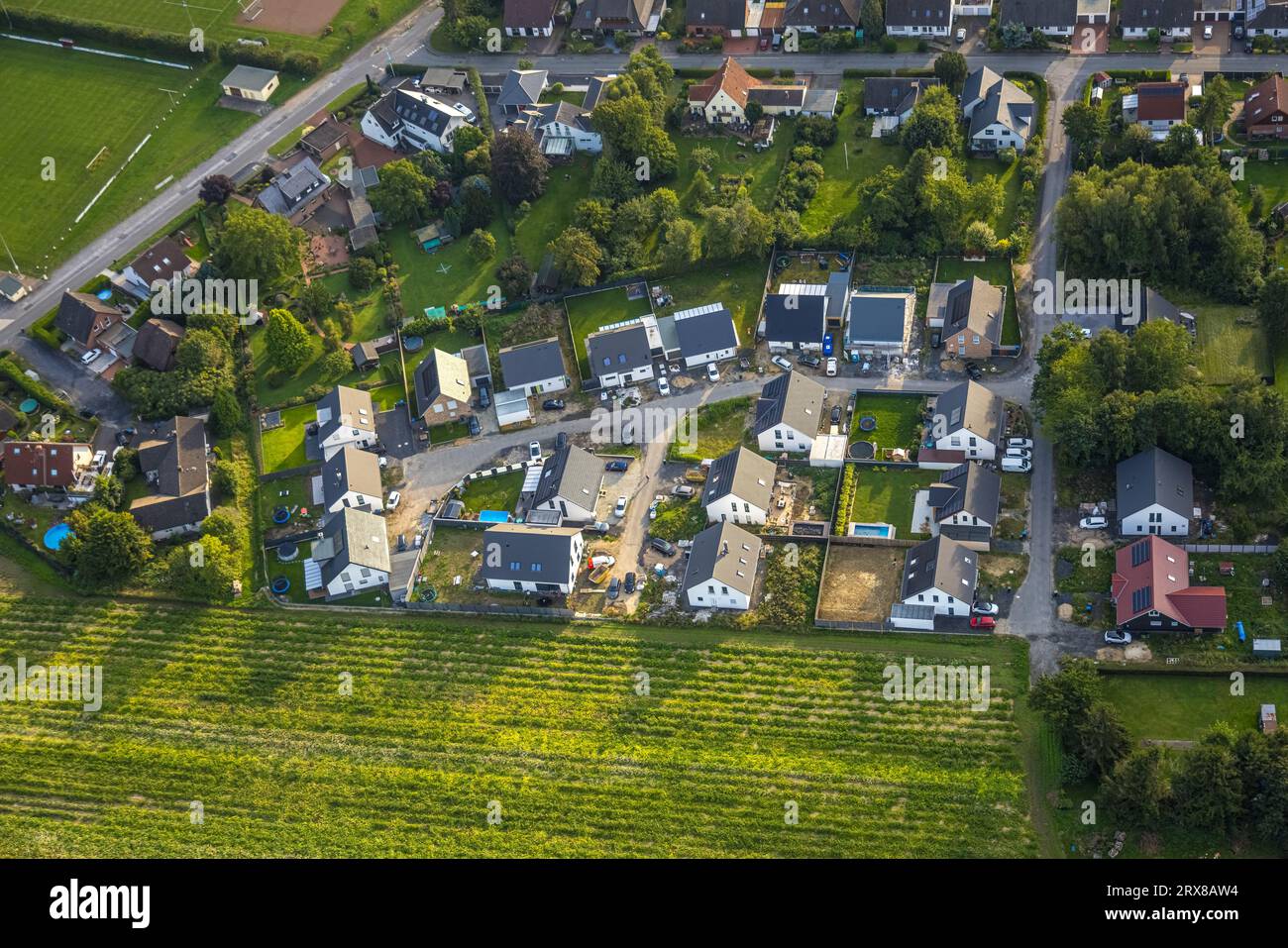 Vista aerea, casa unifamiliare Albert-Schweitzer-Straße, Hilbeck, Werl, Werl-Unnaer Börde, Renania settentrionale-Vestfalia, Germania, DE, Europ Foto Stock