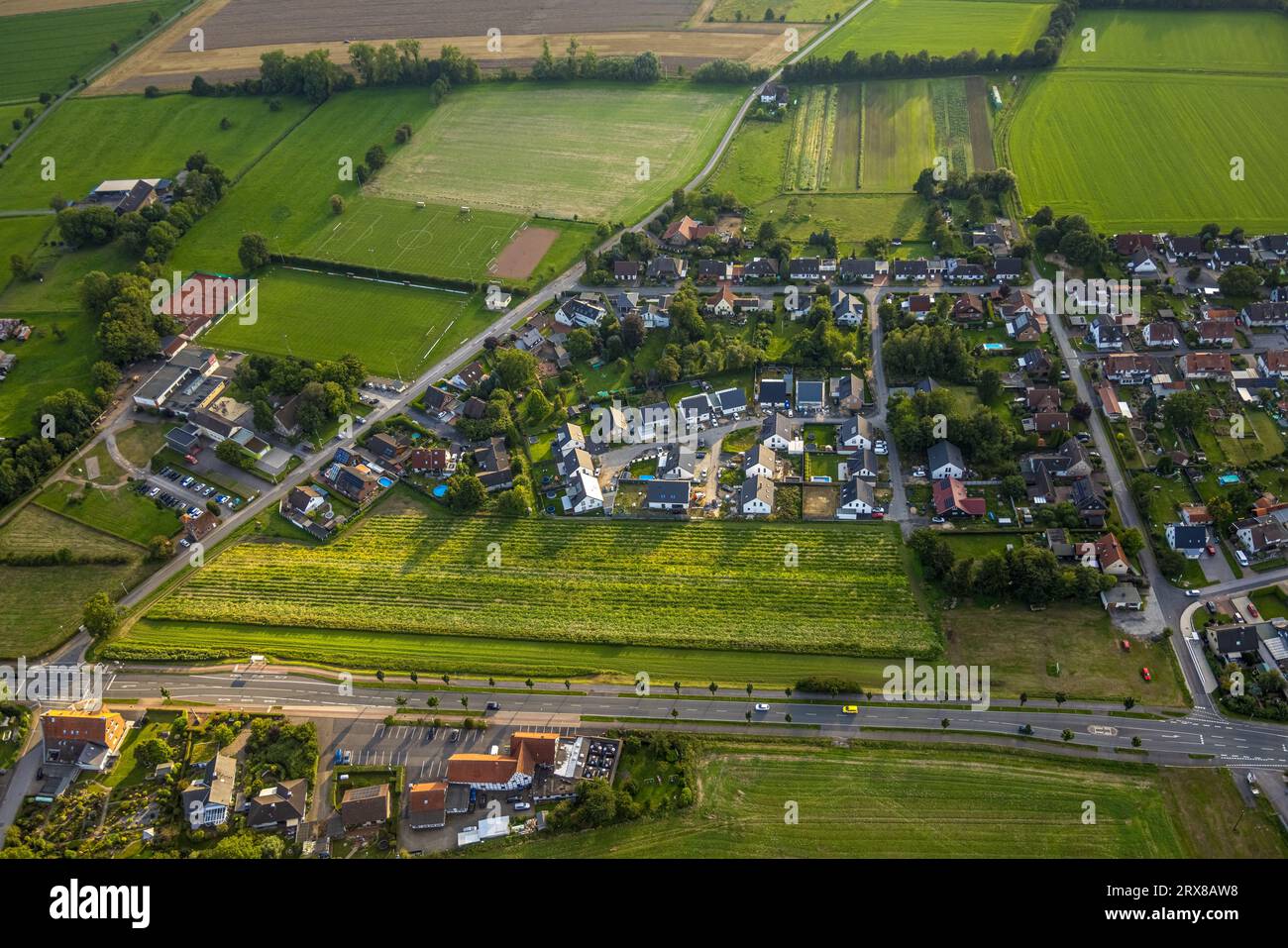Vista aerea, casa unifamiliare Albert-Schweitzer-Straße, Hilbeck, Werl, Werl-Unnaer Börde, Renania settentrionale-Vestfalia, Germania, DE, Europ Foto Stock